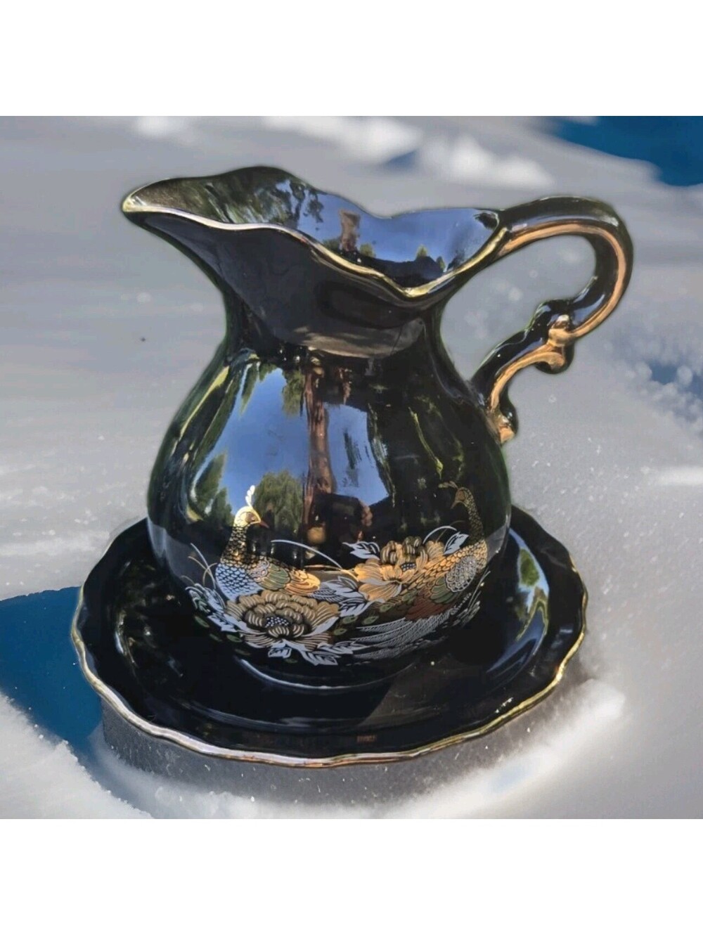 Vintage Small Cobalt Black  Asian Floral Pitcher and Tray Made In Taiwan Nice!